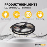 LED-Streifen mit CCT-Funktion, warm-, neutral-, und kaltweißes Licht, 5 Meter Länge, 60LED/m, 24 V, 10 mm.