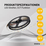 LED-Streifen mit CCT-Funktion, warm-, neutral-, und kaltweißes Licht, 5 Meter Länge, 60LED/m, 24 V, 10 mm.