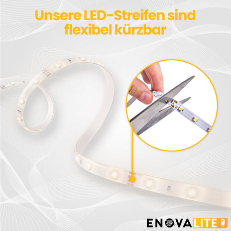 LED-Streifen mit CCT-Funktion, warm-, neutral-, und kaltweißes Licht, 5 Meter Länge, IP65, 60LED/m, 24 V, 10 mm.
