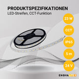 LED-Streifen mit CCT-Funktion, warm-, neutral-, und kaltweißes Licht, 5 Meter Länge, IP65, 60LED/m, 24 V, 10 mm.