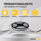 LED-Streifen mit CCT-Funktion, warm-, neutral-, und kaltweißes Licht, 5 Meter Länge, IP65, 60LED/m, 24 V, 10 mm.