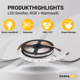 LED-Streifen, RGB und CCT, 5 Meter Länge, 60LED/m, 24 V, 12 mm.