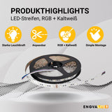 LED-Streifen, RGB und kaltweißes Licht, 5 Meter Länge, 60LED/m, 24 V, 10 mm.