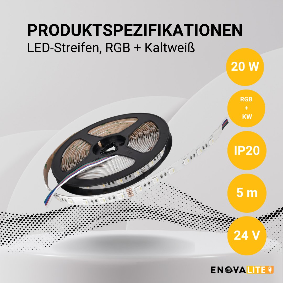 LED-Streifen, RGB und kaltweißes Licht, 5 Meter Länge, 60LED/m, 24 V, 10 mm.