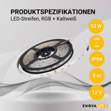 LED-Streifen, RGB und kaltweißes Licht, 5 Meter Länge, IP54, 60LED/m, 24 V, 10 mm.