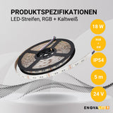 LED-Streifen, RGB und kaltweißes Licht, 5 Meter Länge, IP54, 60LED/m, 12 V, 10 mm.