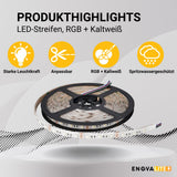 LED-Streifen, RGB und kaltweißes Licht, 5 Meter Länge, IP54, 60LED/m, 12 V, 10 mm.