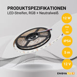 LED-Streifen, RGB und neutralweißes Licht, 5 Meter Länge, IP54, 60LED/m, 12 V, 10 mm.
