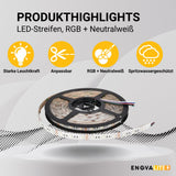 LED-Streifen, RGB und neutralweißes Licht, 5 Meter Länge, IP54, 60LED/m, 12 V, 10 mm.