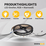 LED-Streifen, RGB und warmweißes Licht, 5 Meter Länge, 60LED/m, 24 V, 10 mm.