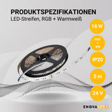 LED-Streifen, RGB und warmweißes Licht, 5 Meter Länge, 60LED/m, 24 V, 10 mm.