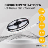 LED-Streifen, RGB und warmweißes Licht, 5 Meter Länge, IP65, 60LED/m, 24 V, 10 mm.