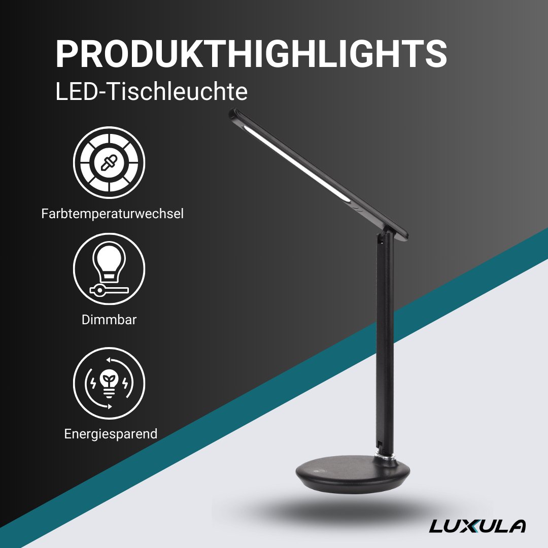 LED-Tischlampe, schwarz, mit Dimm- und CCT-Funktion, 9 W Leistung.