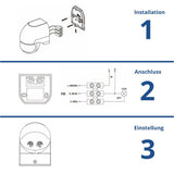 PIR-Bewegungsmelder, IP54, 110-240 V AC, Distanz: 12 m, 180°, Lux: 10-2000.