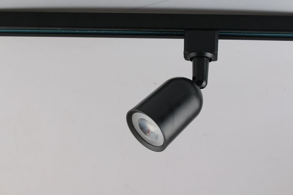 Schienenspot für GU10- /MR16-Leuchtmittel, Kunststoff, rund, 45° schwenkbar, schwarz.