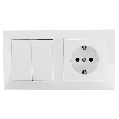 Schutzkontakt-Steckdose mit 2 Aus- Wechselschaltern, 16 A, 250 V, weiß.