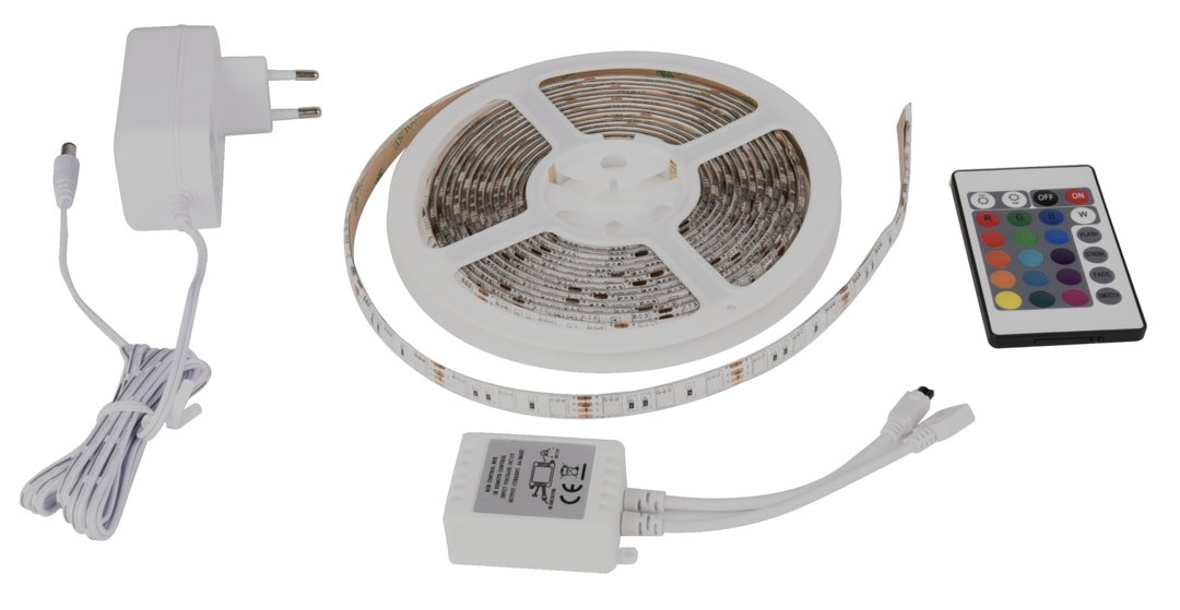 Set LED-Streifen, RGB, 5 Meter Länge, 60LED/m, 12 V, 10 mm, inklusive Fernbedienung und Netzteil.