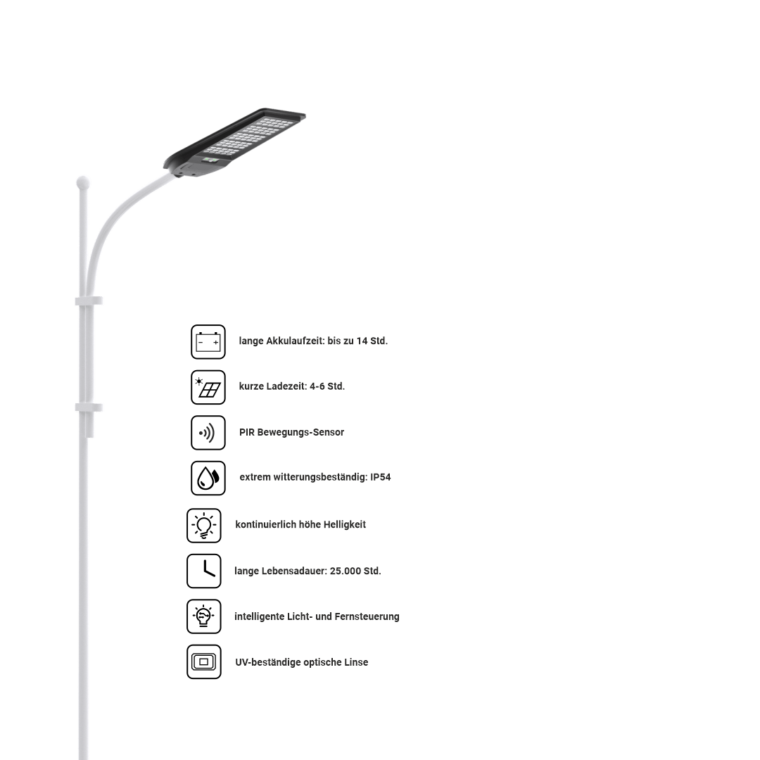 Solar Straßenleuchte mit PIR Sensor, Parkplatzleuchte, 5W PV, 600lm, 6500K, IP54.