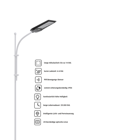 Solar Straßenleuchte mit PIR Sensor, Parkplatzleuchte, 5W PV, 600lm, 6500K, IP54.