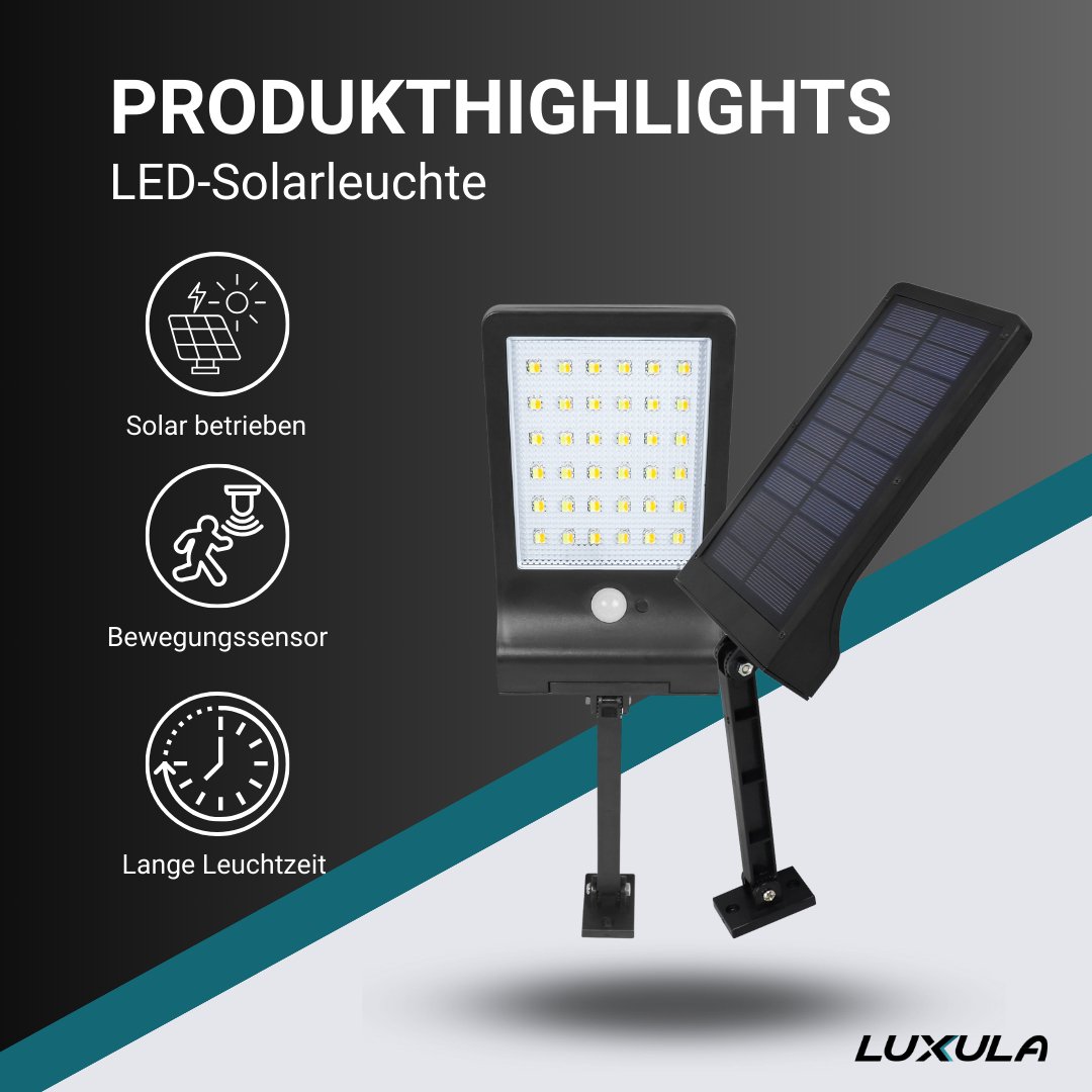 Solar-Wandleuchte mit PIR-Sensor, 8 Stunden Lichtzeit, IP44-geschützt und in kaltweiß.