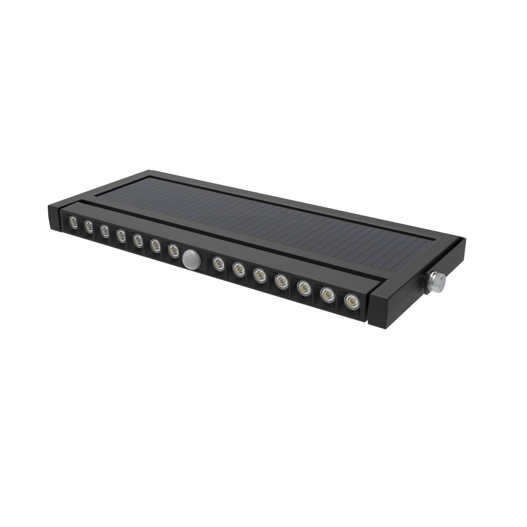 Solar Wandleuchte mit PIR-Sensor, Outdoorleuchte, 10W, 1000lm, 6500K, IP54, schwenkbare LED-Lichtleiste.