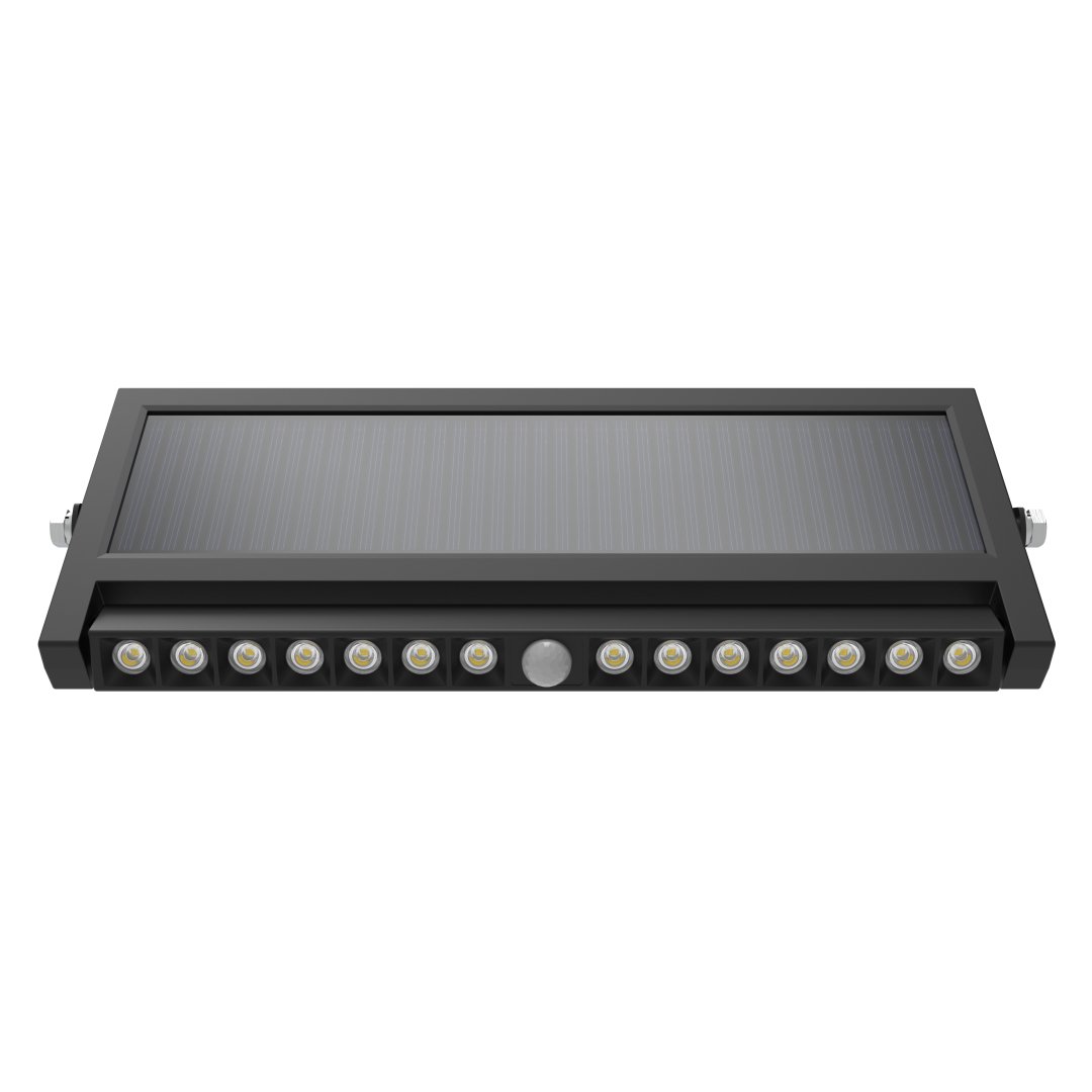 Solar Wandleuchte mit PIR-Sensor, Outdoorleuchte, 10W, 1000lm, 6500K, IP54, schwenkbare LED-Lichtleiste.
