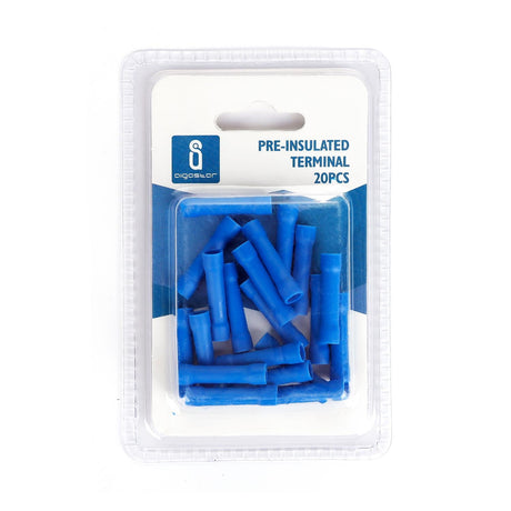 Stoß-/Schrumpfverbinder, isoliert, 20 Stk., 1,25 mm², 26 x 1,7 x 1,7 mm, blau.