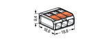 WAGO 221-413, 3-Leiter-Klemme, Leiteranschluss von 0,14 bis 4 mm², 32A, 400V.